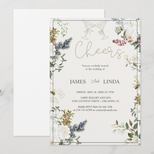 Proost! Elegante Bloemige Trouw Uitnodiging (Voorkant / Achterkant)