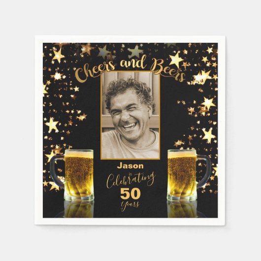 Proost en bier 50e verjaardag Zwart + gouden sterr Servet (Voorkant)
