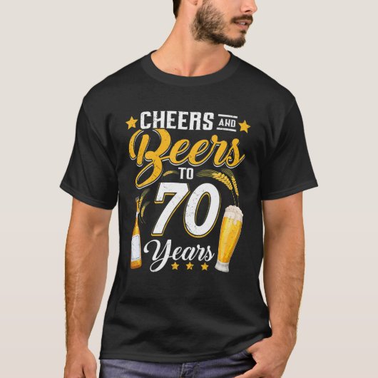Proost en biertjes tot 70 jaar Grappig 70e verjaar T-shirt (Voorkant)