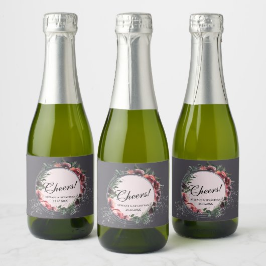 Proost Floral Elegant Grey Mousserende Wijn Label Sparkling Wijnetiket (Flessen)