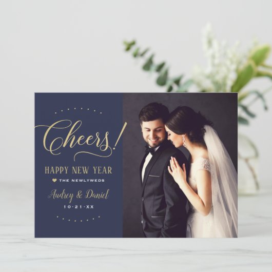 Proost Gold Navy Gelukkig Nieuwjaar Trouwfoto Feestdagenkaart (Staand voorkant)