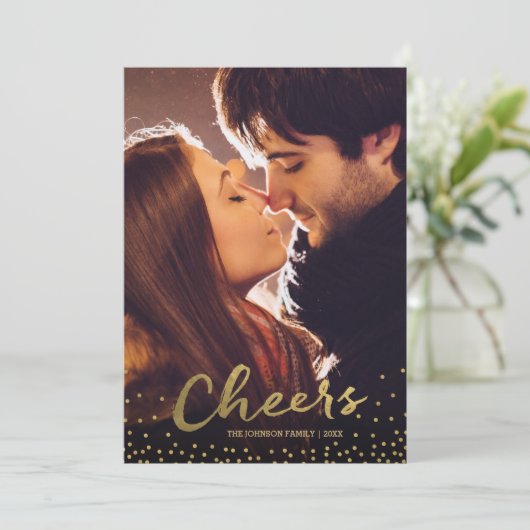 Proost | Gouden Confetti Kerst Foto Kaart (Staand voorkant)