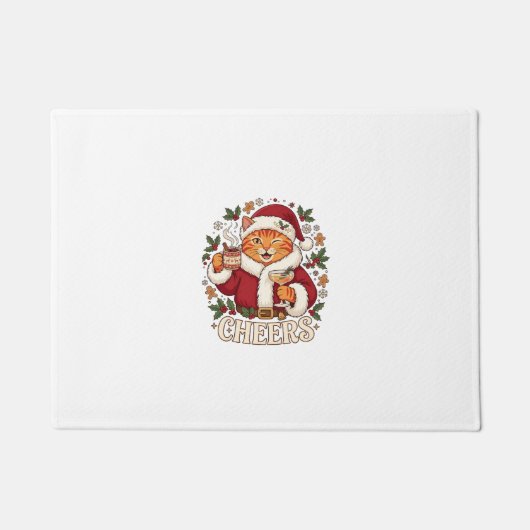 Proost Kerst Oranje Kat Kerstman Hoed Drinkt Ginge Deurmat (Voorkant)