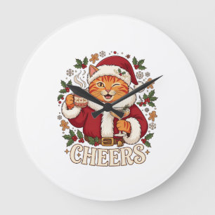 Proost Kerst Oranje Kat Kerstman Hoed Drinkt Ginge Grote Klok