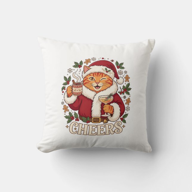 Proost Kerst Oranje Kat Kerstman Hoed Drinkt Ginge Kussen (Voorkant)