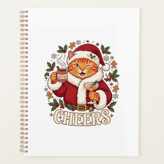 Proost Kerst Oranje Kat Kerstman Hoed Drinkt Ginge Planner (Voorkant)