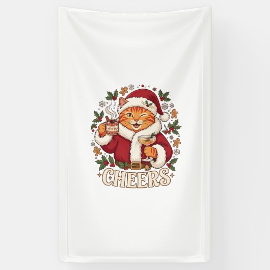 Proost Kerst Oranje Kat Kerstman Hoed Drinkt Ginge Spandoek (Verticaal)