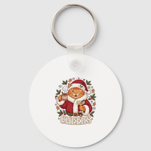 Proost Kerst Oranje Kat Sinterklaas Hoed Drinkt Gi Sleutelhanger (Voorkant)