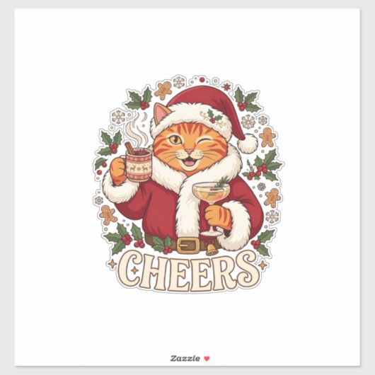 Proost Kerst Oranje Kat Sinterklaas Hoed Drinkt Gi Sticker (Vel)