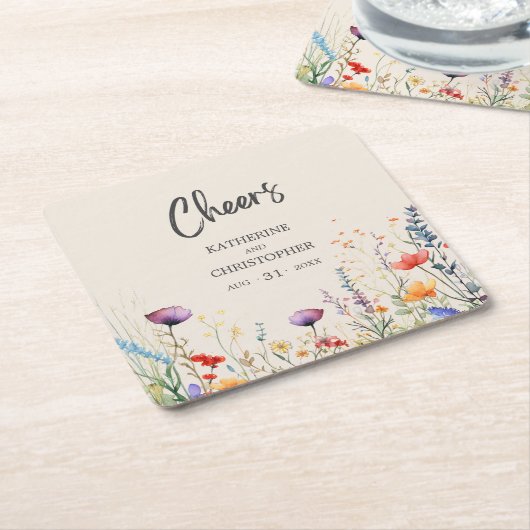 Proost Kleurrijke Wildbloemen Elegante Beige Bruil Kartonnen Onderzetters (Schuin)