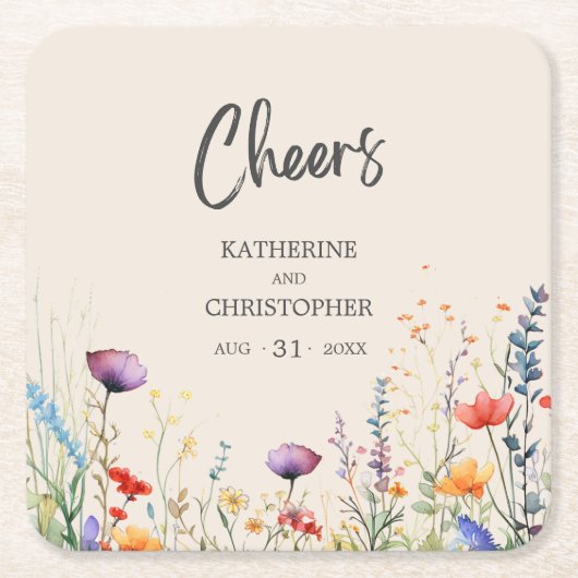 Proost Kleurrijke Wildbloemen Elegante Beige Bruil Kartonnen Onderzetters (Voorkant)