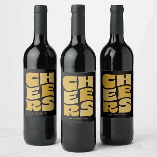 Proost leuk funky zwart goud retro Nieuwjaar Wijn Etiket (Flessen)