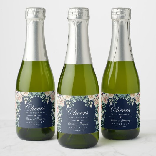 Proost marineblauw roze bloemige mini mousserende sparkling wijnetiket (Flessen)