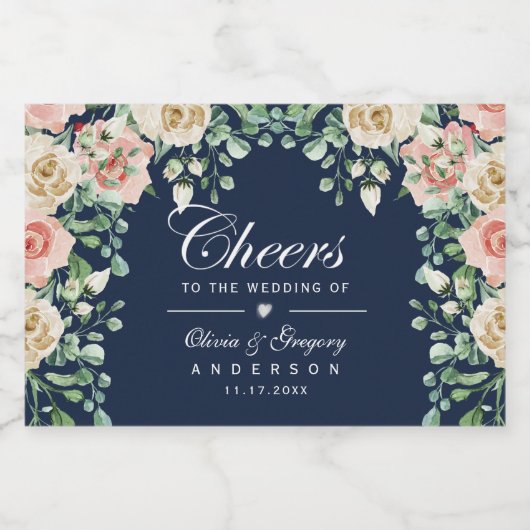 Proost marineblauw roze bloemige mini mousserende sparkling wijnetiket (Enkel label)