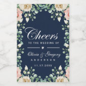 Proost marineblauw roze florale bruiloft wijn labe wijn etiket (Enkel label)