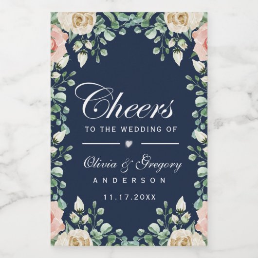 Proost marineblauw roze florale bruiloft wijn labe wijn etiket (Enkel label)