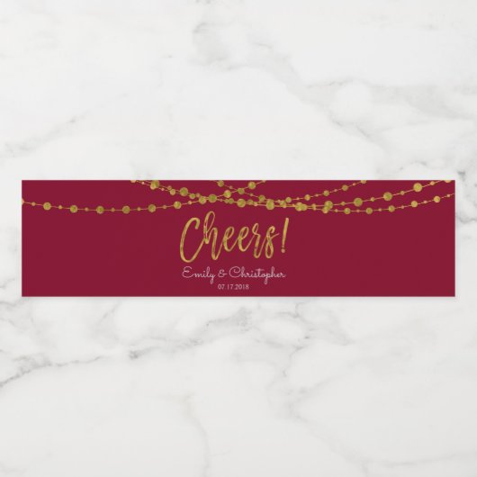 Proost Maroon Bourgondië en Gold Foil String Light Waterfles Etiket (Enkel label)