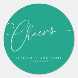 Proost Minimal Emerald Script Aangepaste Trouwdag Ronde Sticker
