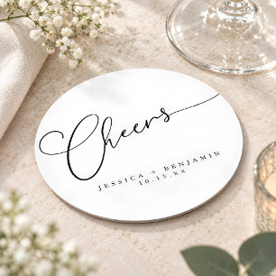 Proost Minimal Zwart Wit Script Aangepaste Trouwda Ronde Kartonnen Onderzetter