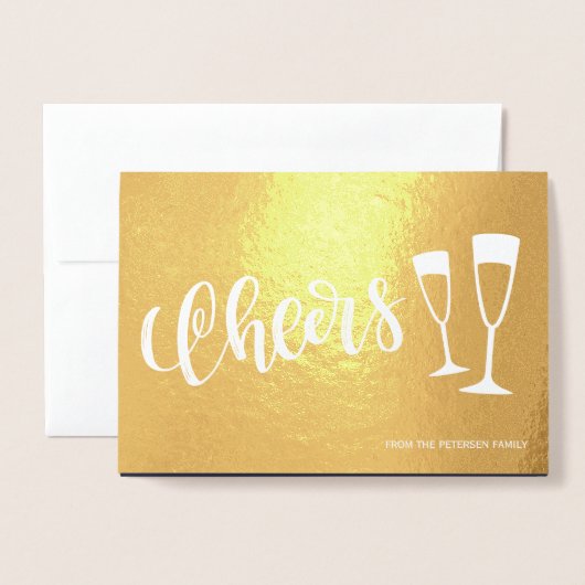 Proost modern geborsteld script champagnefluiten folie kaarten (Voorkant met envelop)