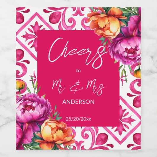 Proost Mr en Mrs Fuchsia tegels oranje pioenen Wijn Etiket (Enkel label)