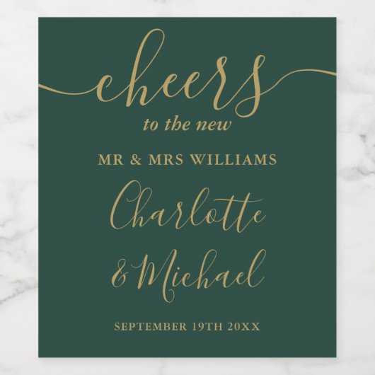 Proost Mr en Mrs Green en Gold Wedding Wijn Etiket (Enkel label)