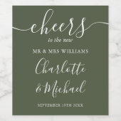 Proost Mr en Mrs Script Olive Green Wedding Wijn Etiket (Enkel label)