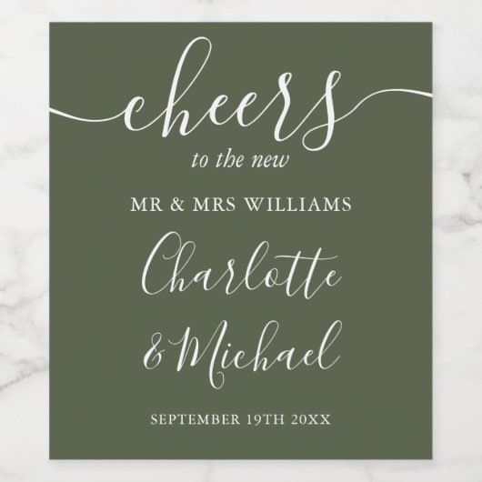 Proost Mr en Mrs Script Olive Green Wedding Wijn Etiket (Enkel label)
