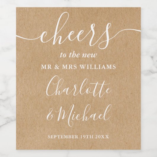 Proost Mr en Mrs Script Rustic Kraft Wedding Wijn Etiket (Enkel label)
