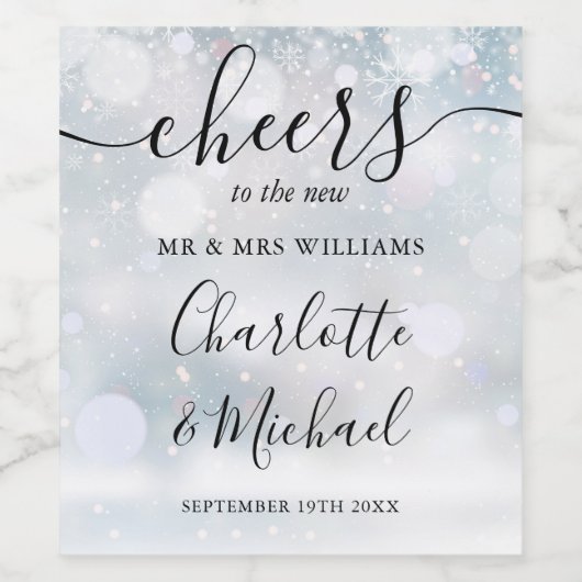 Proost Mr en Mrs Winter Sneeuwscript Bruiloft Wijn Etiket (Enkel label)
