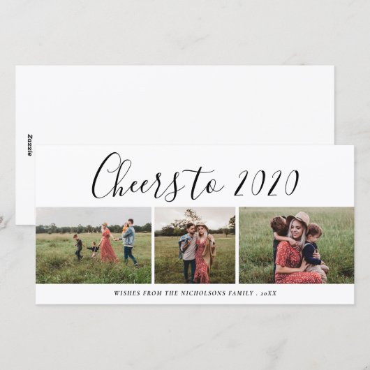 Proost naar 2020 Script Drie Foto Collage Modern Feestdagenkaart (Voorkant / Achterkant)