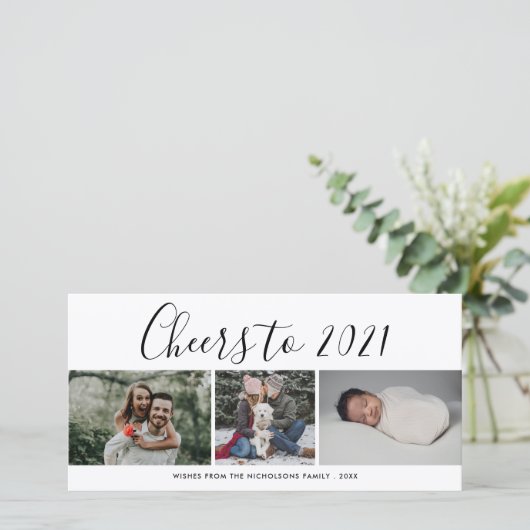 Proost naar 2021 Script Drie Foto Collage Modern Feestdagenkaart (Staand voorkant)
