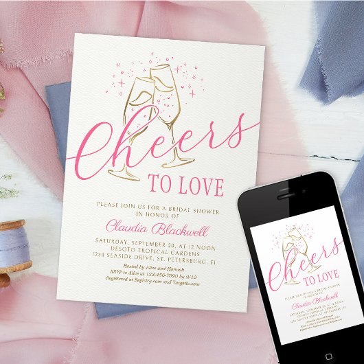 Proost om te houden van roze gouden bruids douche kaart