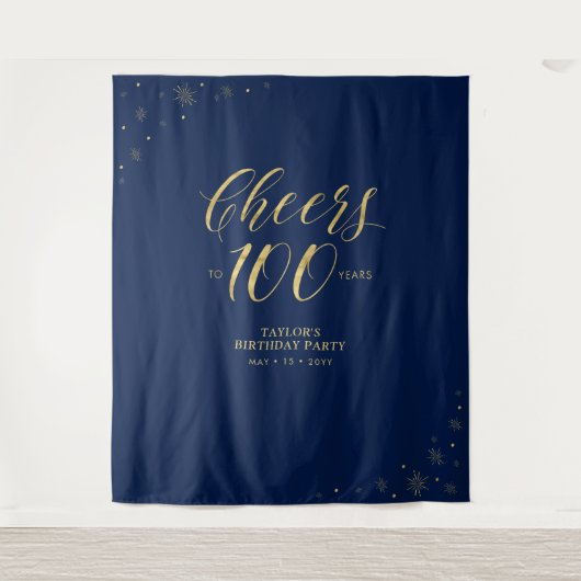 Proost op 100 jaar, Gold & Blue Verjaardagsfeest Wandkleed (Voorkant)