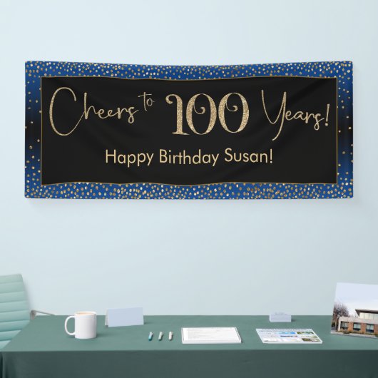 Proost op 100 jaar verjaardag, Blauw Goud Zwart Spandoek (Beurs)