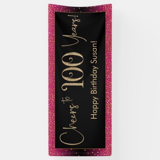 Proost op 100 jaar verjaardag, Deep Pink Gold Blac Spandoek (Verticaal)