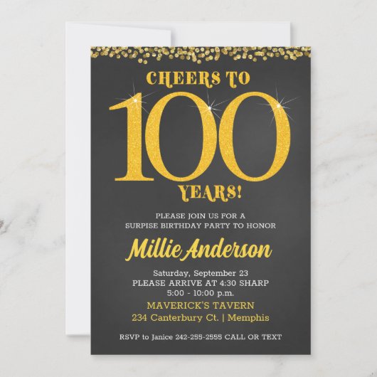 Proost op 100 Jaar Verjaardag Goud Zwart Honderdst Kaart (Voorkant)