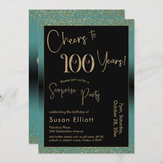 Proost op 100 jaar Verrassingsfeestje, Blauwgroen Kaart (Voorkant / Achterkant)