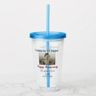 Proost op 10 jaar gelukkig jubileum foto toevoegen acryl drinkbeker