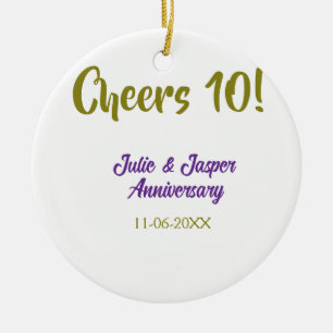 Proost op 10e huwelijksverjaardag paars goud keramisch ornament