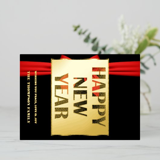 Proost op 2024, rood lint folie feestdagenkaart (Staand Voorkant)