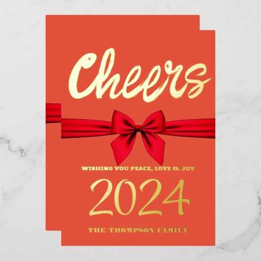 Proost op 2024, rood lint, rood folie feestdagenkaart (Voorkant / Achterkant)