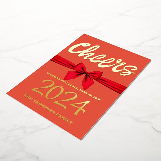 Proost op 2024, rood lint, rood folie feestdagenkaart (Gedraaid)