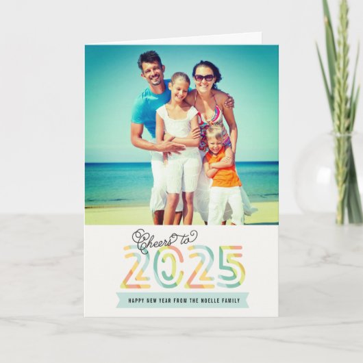 Proost op 2025 Citrus Stripes Happy New Year Foto Feestdagen Kaart (Voorkant)