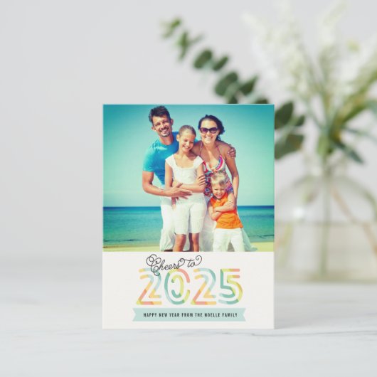 Proost op 2025 Citrus Stripes Happy New Year Foto Feestdagenkaart (Staand voorkant)