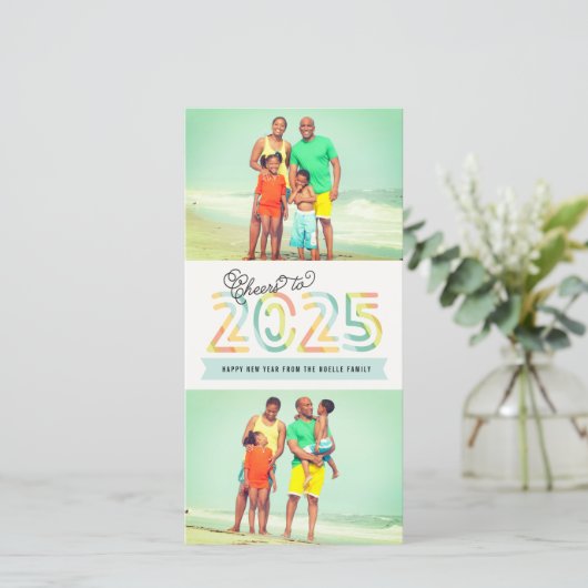 Proost op 2025 Citrus Stripes Nieuwjaar 2 Foto Feestdagenkaart (Staand voorkant)
