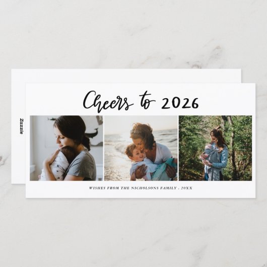 Proost op 2026 Script Three Photo Collage Modern Feestdagenkaart (Voorkant / Achterkant)