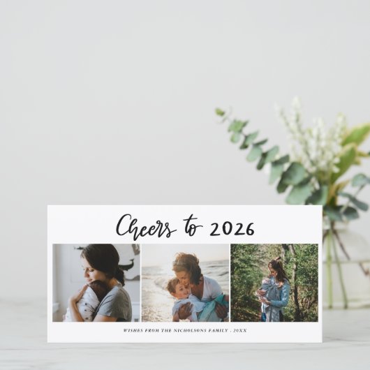 Proost op 2026 Script Three Photo Collage Modern Feestdagenkaart (Staand voorkant)