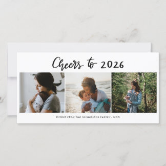 Proost op 2026 Script Three Photo Collage Modern Feestdagenkaart