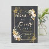 Proost op 20 jaar!: Elegante zwarte bloemmotief Kaart (Staand voorkant)